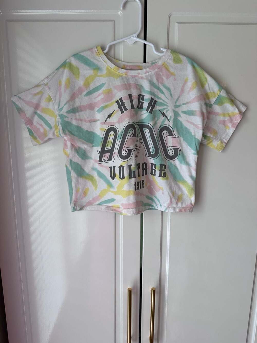 Ac/Dc High Voltage Tie Dye Graphic Cropped T-Shirt Youth Size M (7/8)